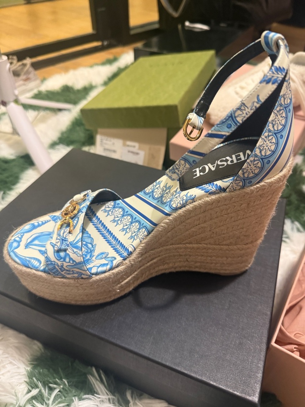 Versace Blue and Cream Patterned Espadrille Wedge Sandals with Gold Hardware